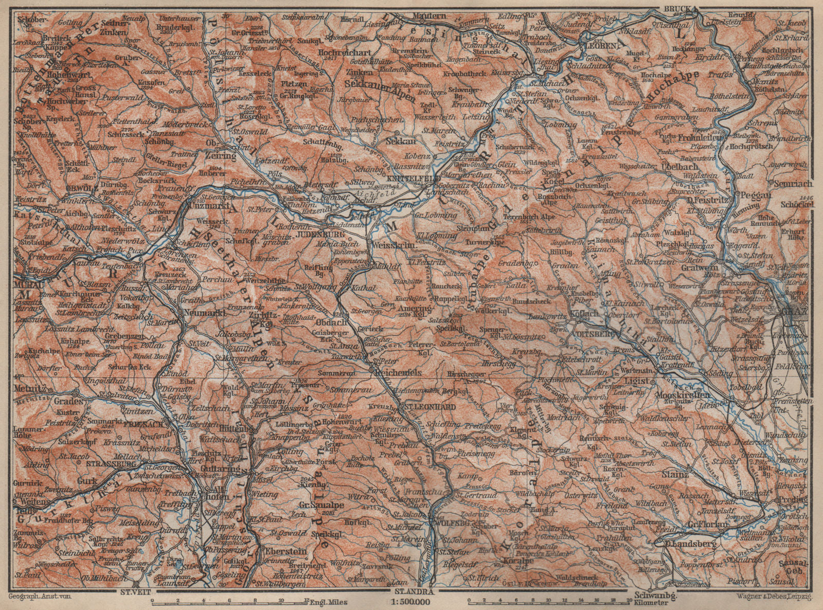 STYRIAN & CARINTHIAN ALPS. Murau Graz Murtal Leoben Wolfsburg. Austria 1905 map
